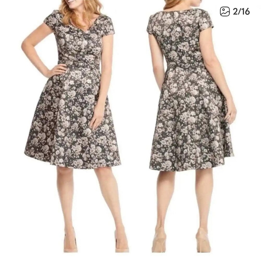 Gal Meets Glam Elle Brightex Duchess Fit & Flare Satin Floral Belted Vneck Dress - Picture 11 of 11